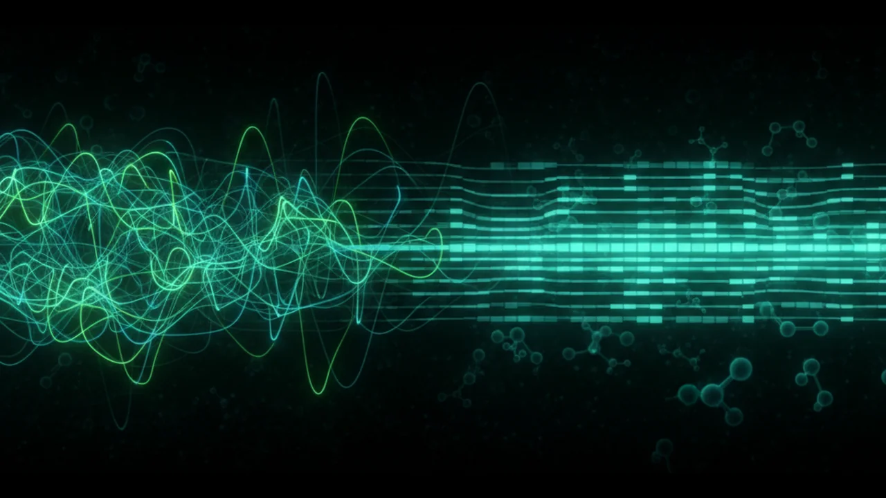 Animation depicting raw electrical signal traces from a nanopore device morphing into structured FASTQ files and interactive software dashboards, representing the transition to bioinformatics.