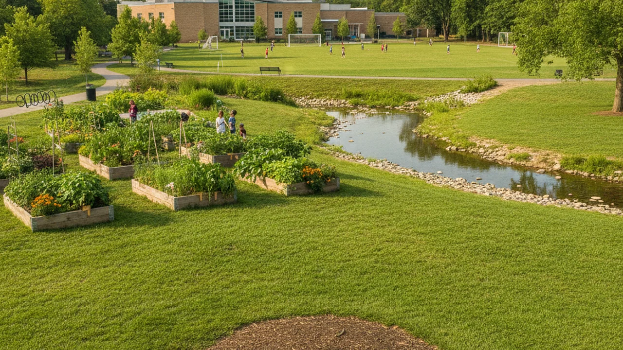 A community green space with garden beds, a creek, a park lawn and a schoolyard field as candidate sampling sites.