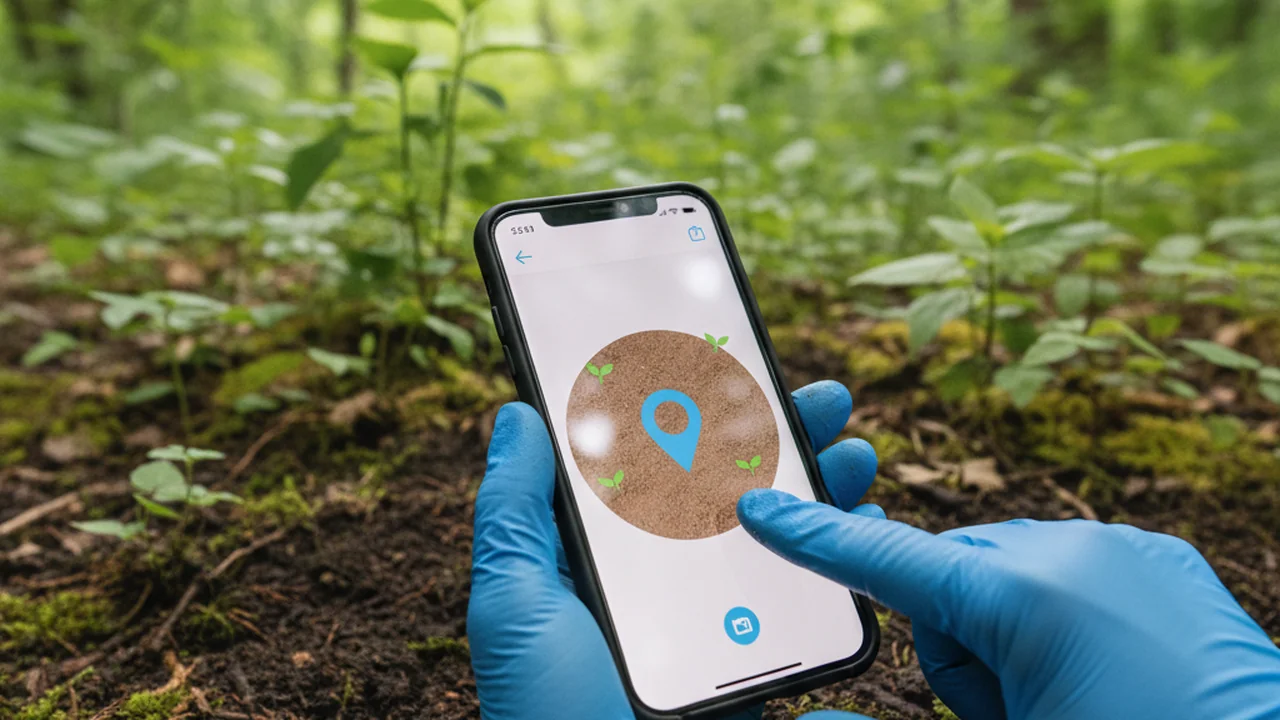 Gloved hands recording the GPS location on a phone at an outdoor sampling site.