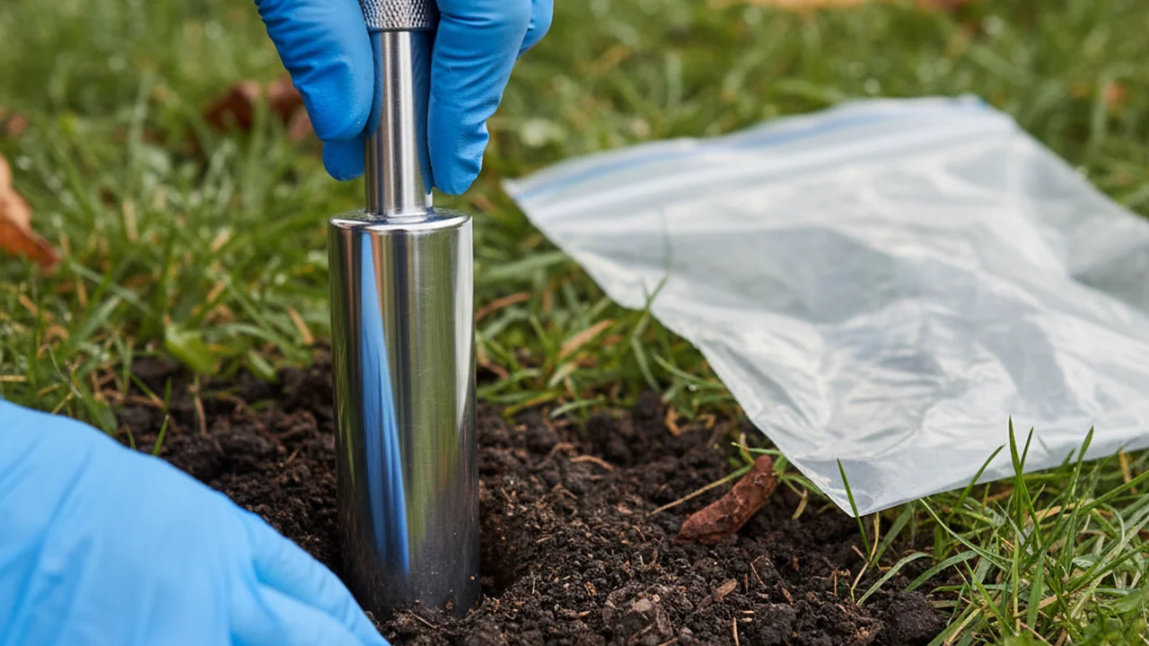 Gloved hands inserting a metal soil corer about one inch into the soil beside an open sample bag.
