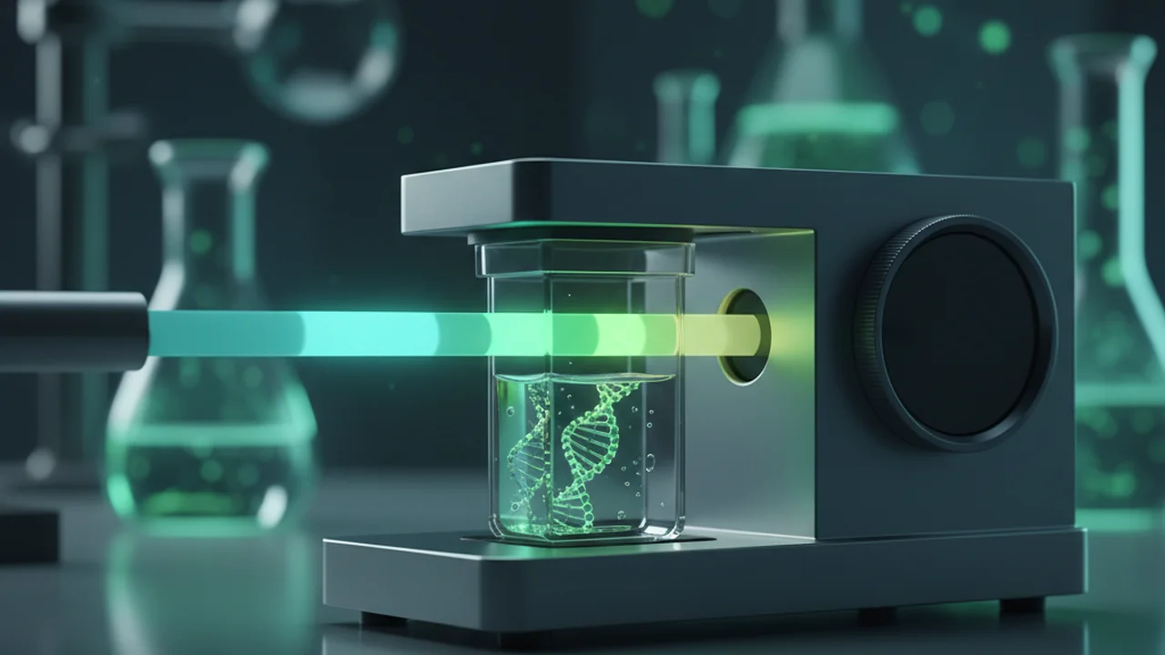 Light passing through a cuvette of DNA solution to a detector, illustrating absorbance.