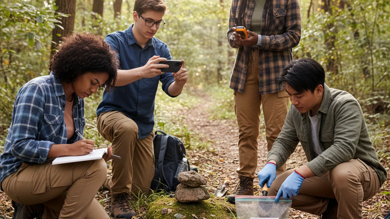 Diverse students in various field settings taking notes, photographing sites, recording GPS coordinates, and placing environmental samples into bags. Visuals are documentary and realistic.