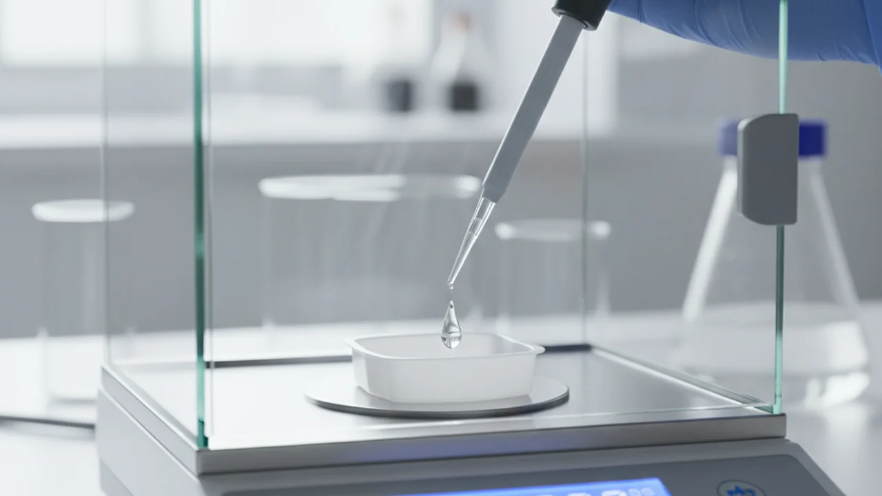 A precision balance scale with a weigh boat. A 1 ml droplet of water is being dispensed into the weigh boat from a pipette, and the scale display animates to show the weight approaching 1 gram. Photorealistic lab setting with shallow depth of field.
